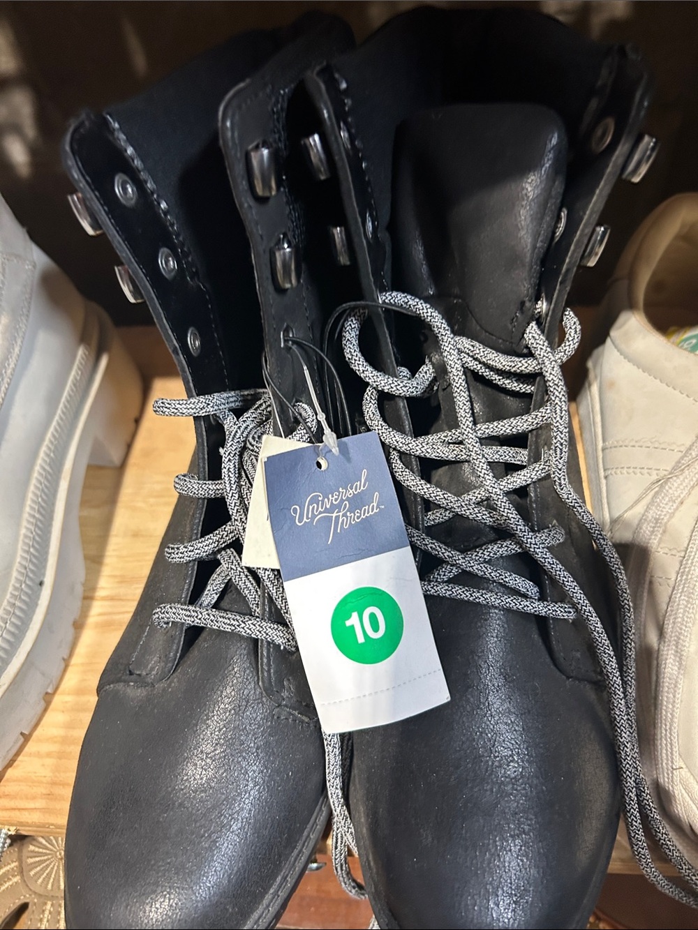Universal Thread Black Lace-Up Military-Style Boots with Gray Laces